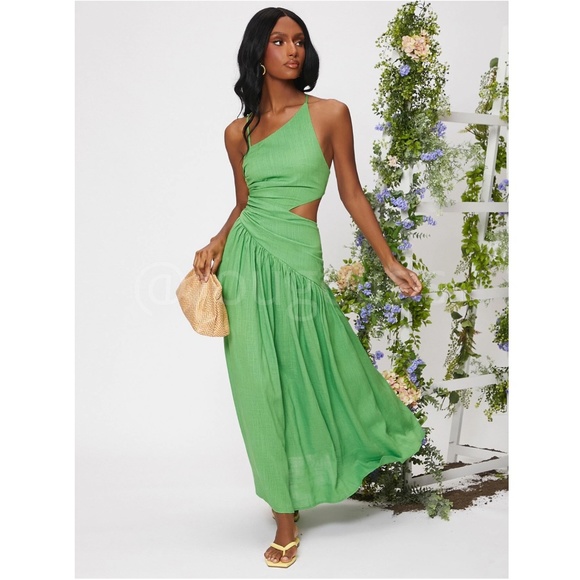 Asymmetrical Green Dress Cut Out Ruched Maxi Lace Up Back - Picture 3 of 15